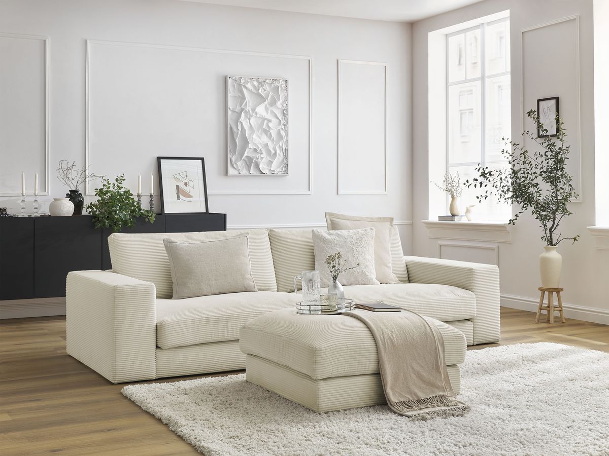 Canapé droit fixe 3 places compact LEONARD velours côtelé avec pouf