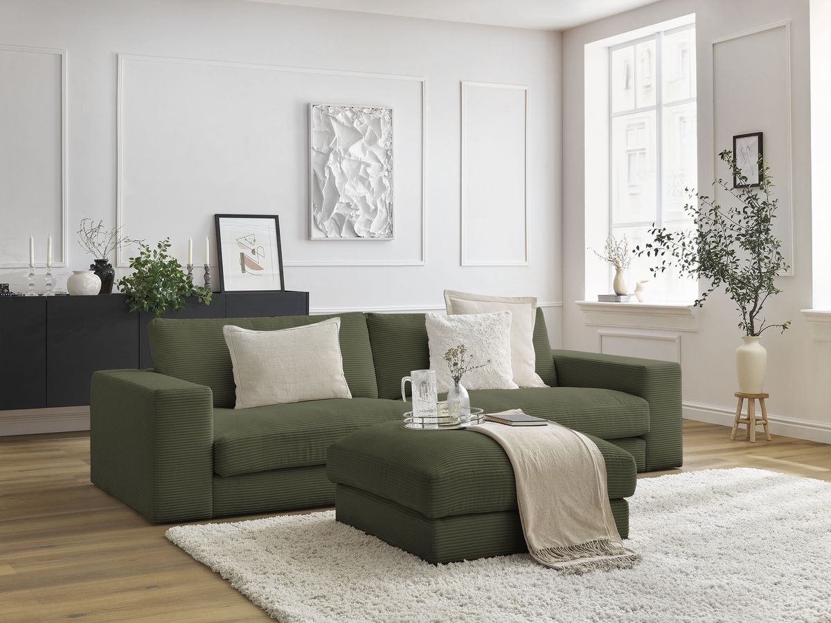 Canapé droit fixe 3 places compact LEONARD velours côtelé avec pouf