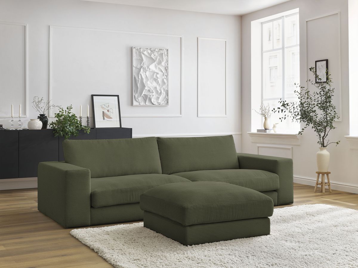 Canapé droit fixe 3 places compact LEONARD velours côtelé avec pouf