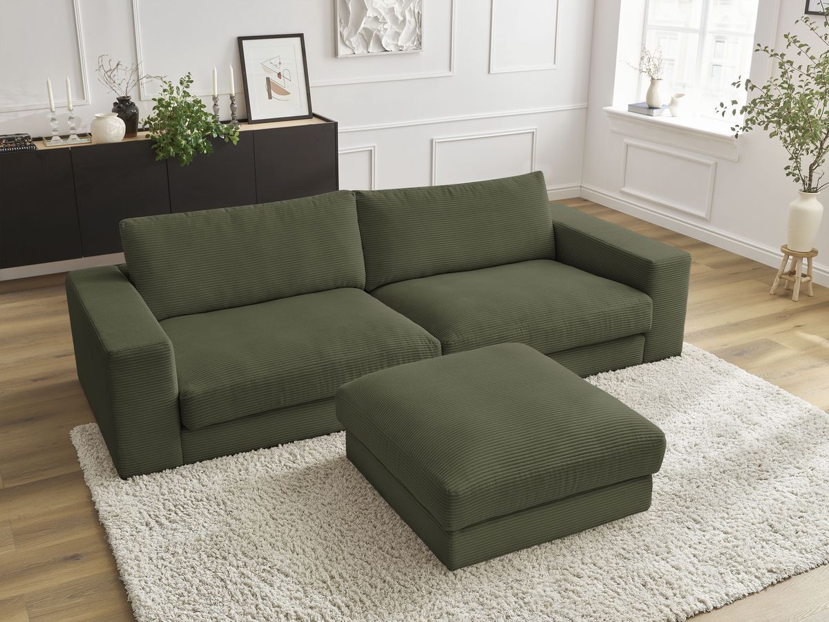 Canapé droit 3 places compact LEONARD velours côtelé avec pouf vert clair — vue 5