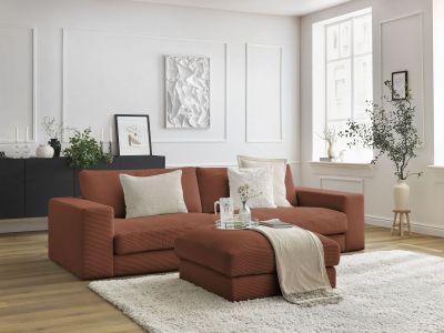 Canapé droit fixe 3 places compact LEONARD velours côtelé avec pouf