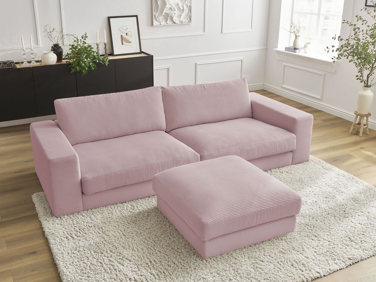 Canapé droit 3 places compact LEONARD velours côtelé avec pouf violet — vue 5