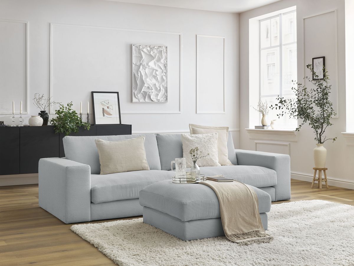 Canapé droit fixe 3 places compact LEONARD velours côtelé avec pouf