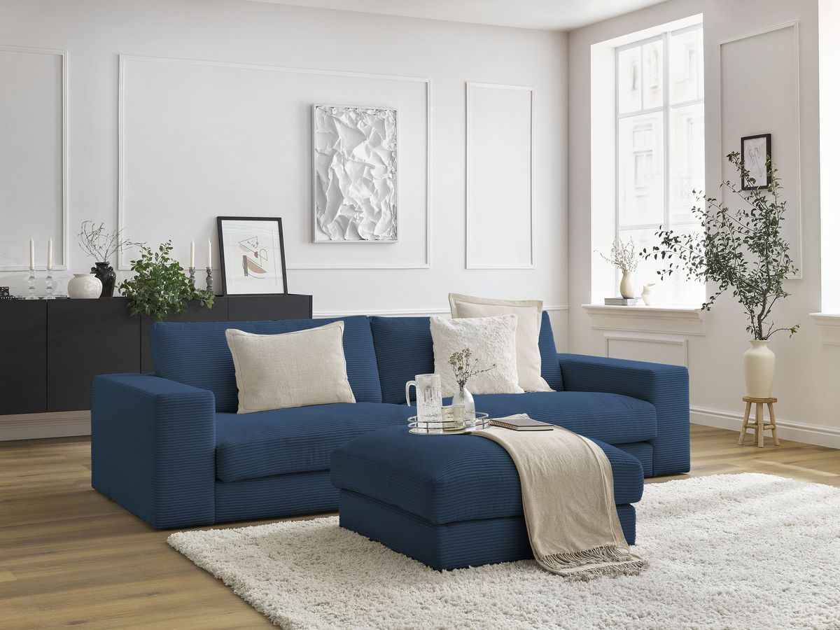 Canapé droit fixe 3 places compact LEONARD velours côtelé avec pouf