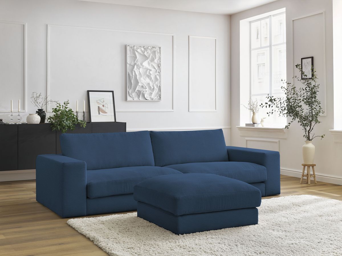 Canapé droit fixe 3 places compact LEONARD velours côtelé avec pouf