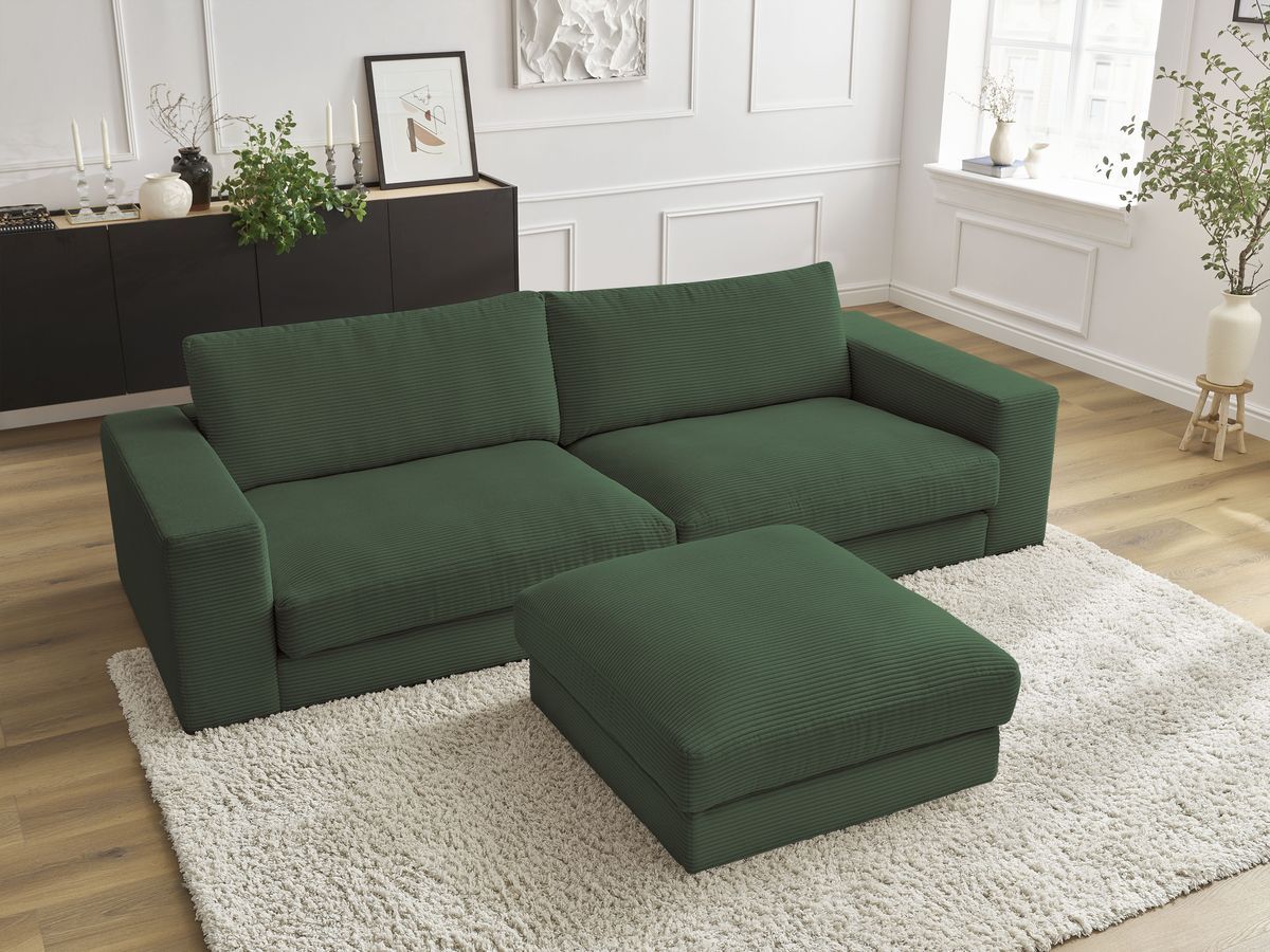 Canapé droit 3 places compact LEONARD velours côtelé avec pouf vert foncé — vue 5