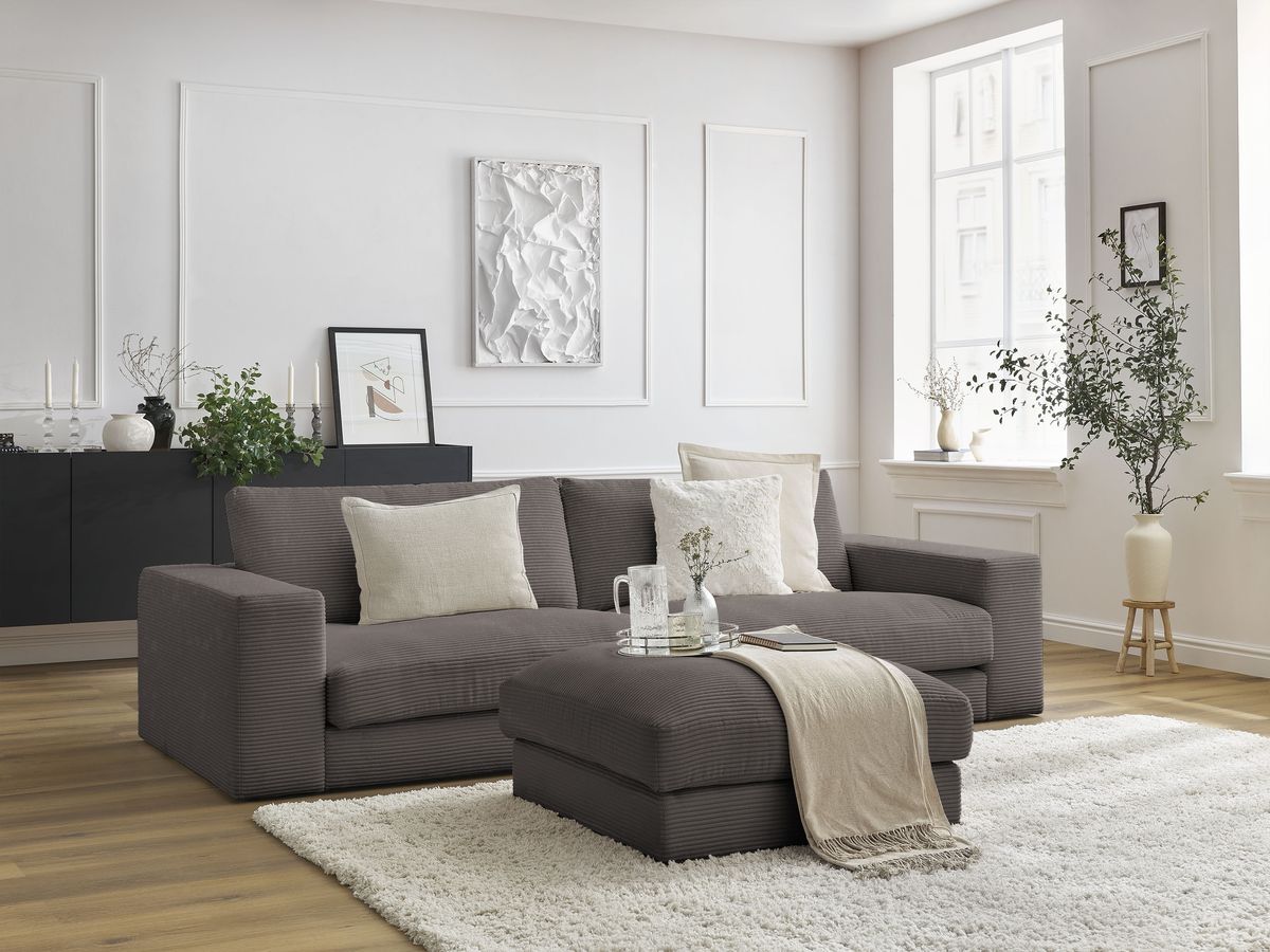 Canapé droit fixe 3 places compact LEONARD velours côtelé avec pouf