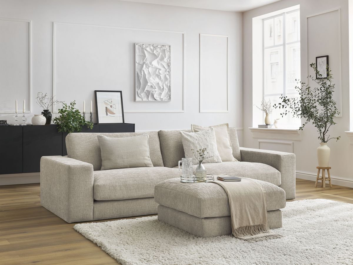 Canapé droit fixe 3 places compact LEONARD tissu texturé avec pouf