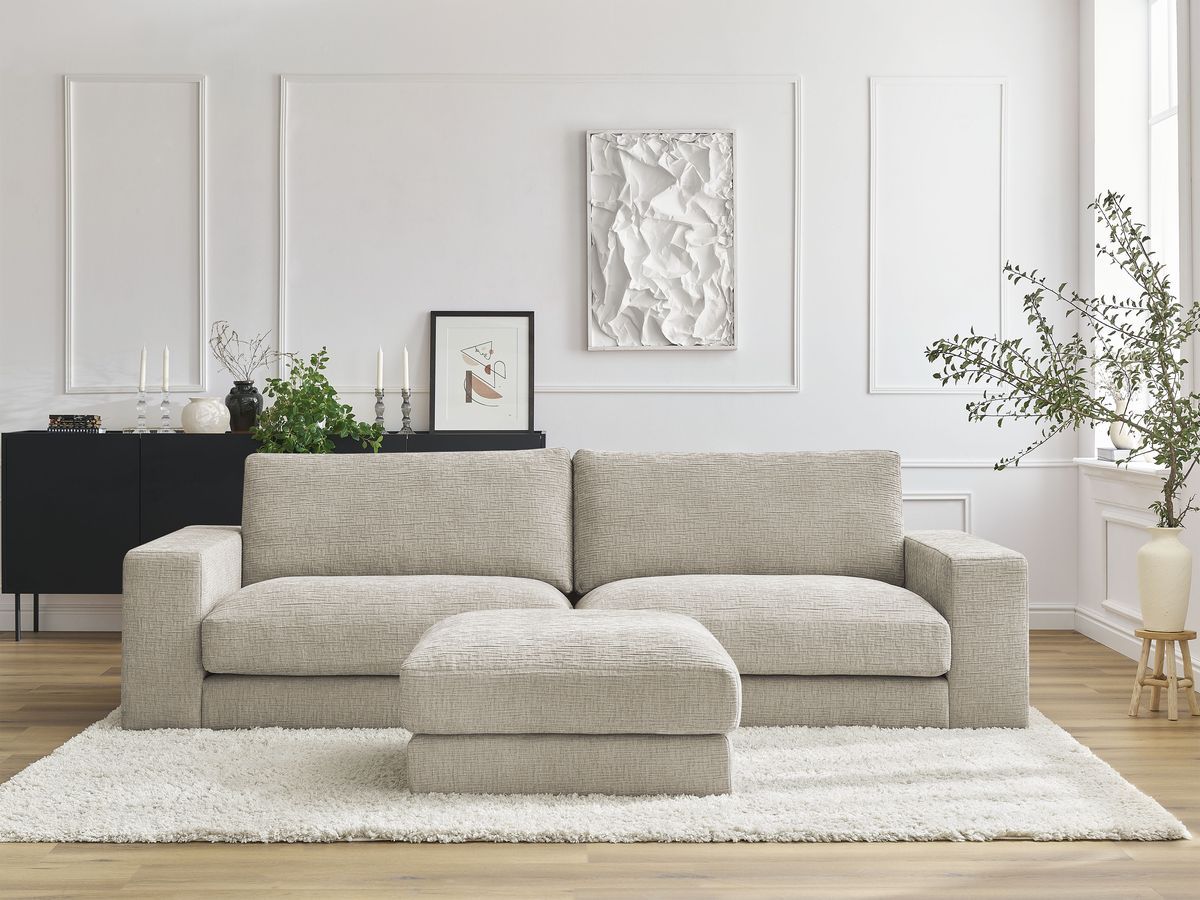 Canapé droit fixe 3 places compact LEONARD tissu texturé avec pouf