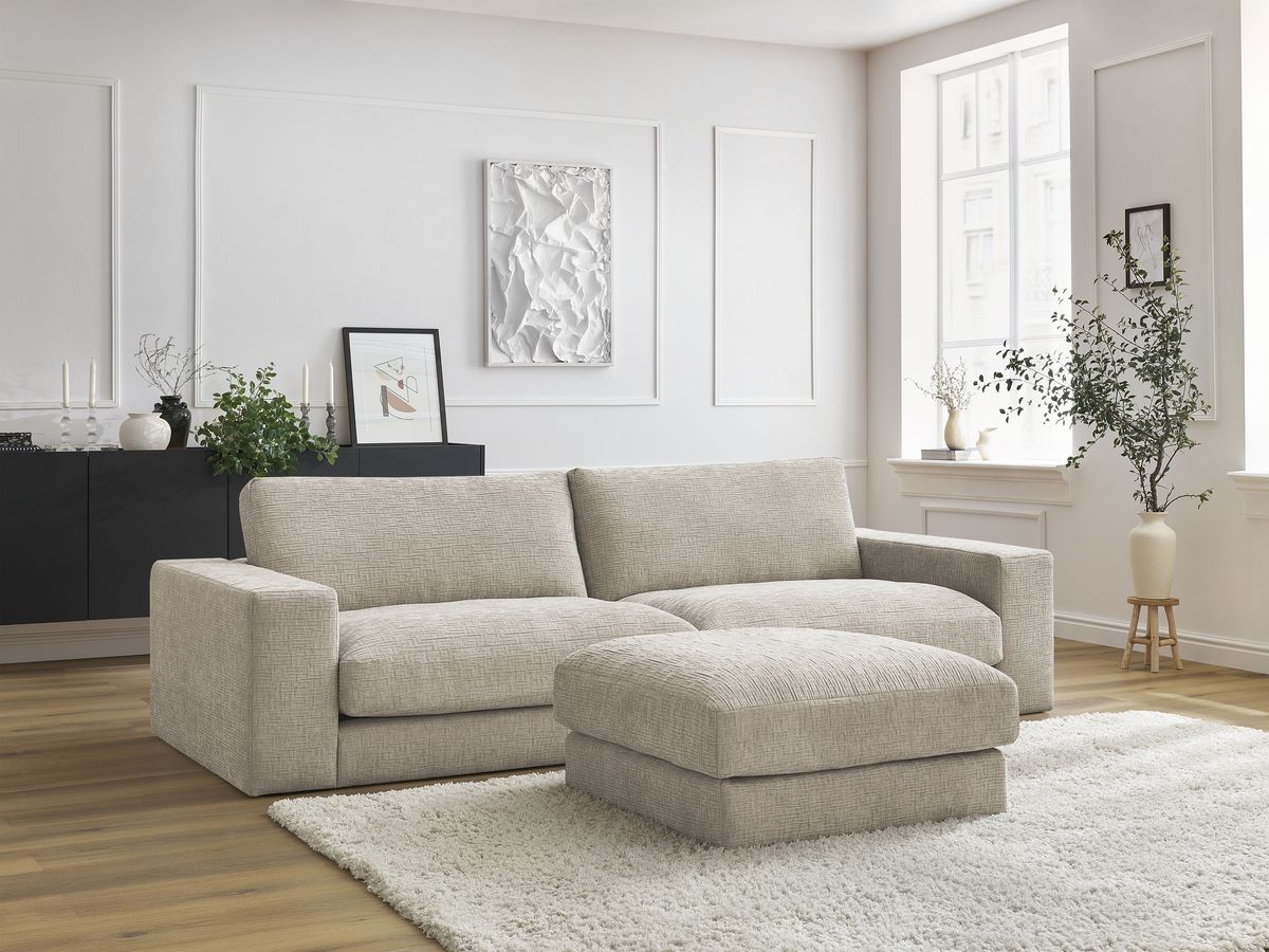 Canapé droit 3 places compact LEONARD texturé avec pouf beige — vue 5