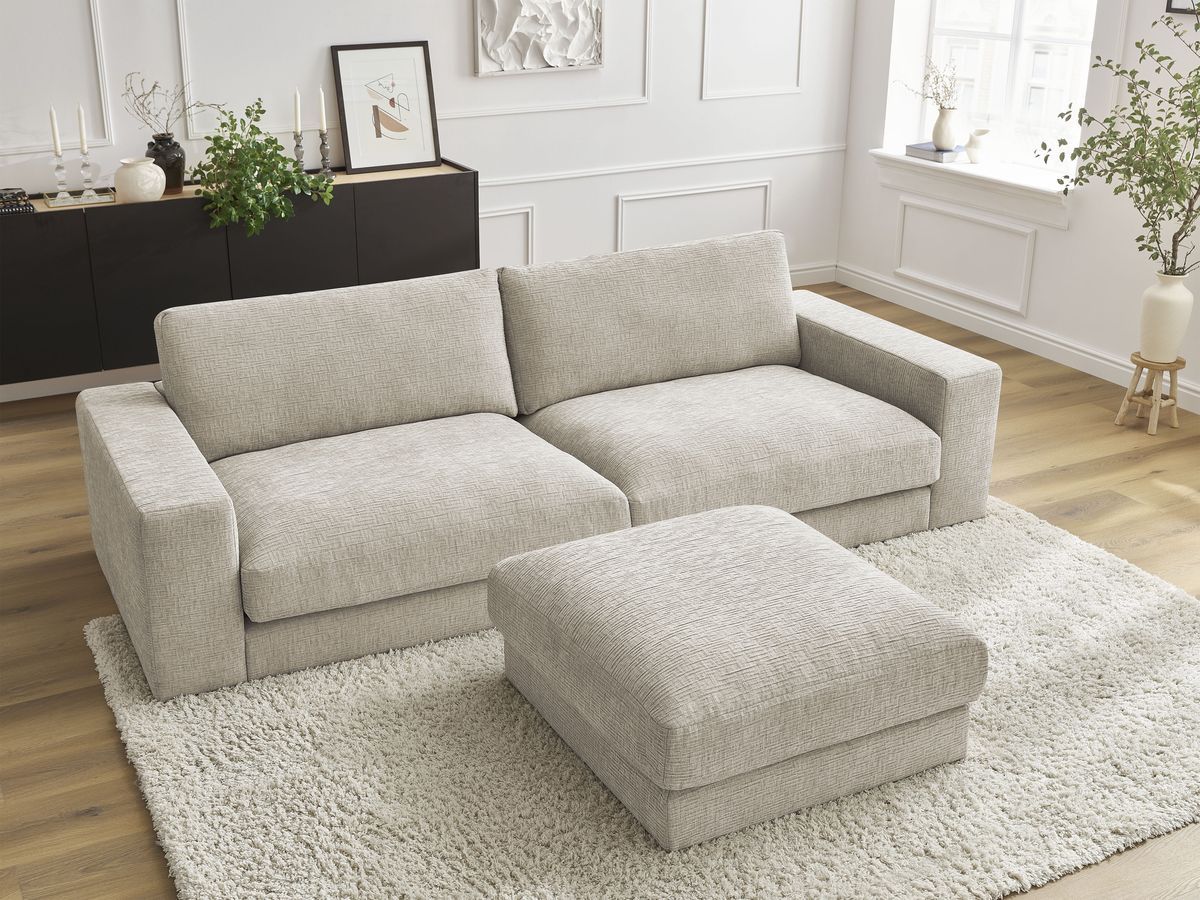 Canapé droit fixe 3 places compact LEONARD tissu texturé avec pouf