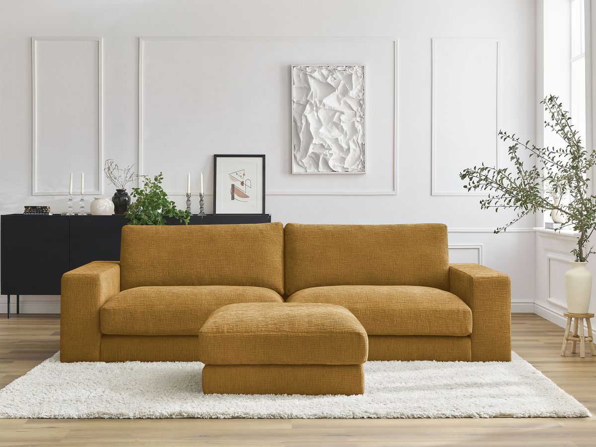 Canapé droit fixe 3 places compact LEONARD tissu texturé avec pouf