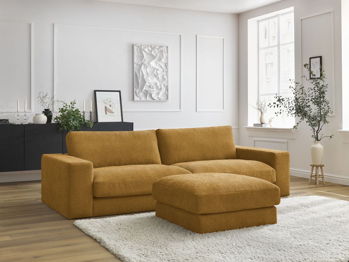 Canapé droit 3 places compact LEONARD texturé avec pouf jaune — vue 5