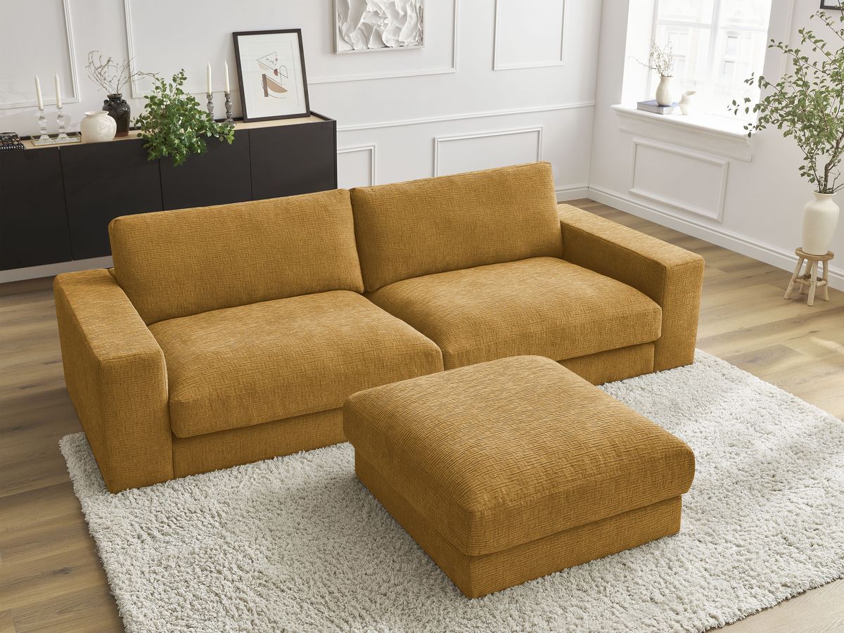 Canapé droit fixe 3 places compact LEONARD tissu texturé avec pouf