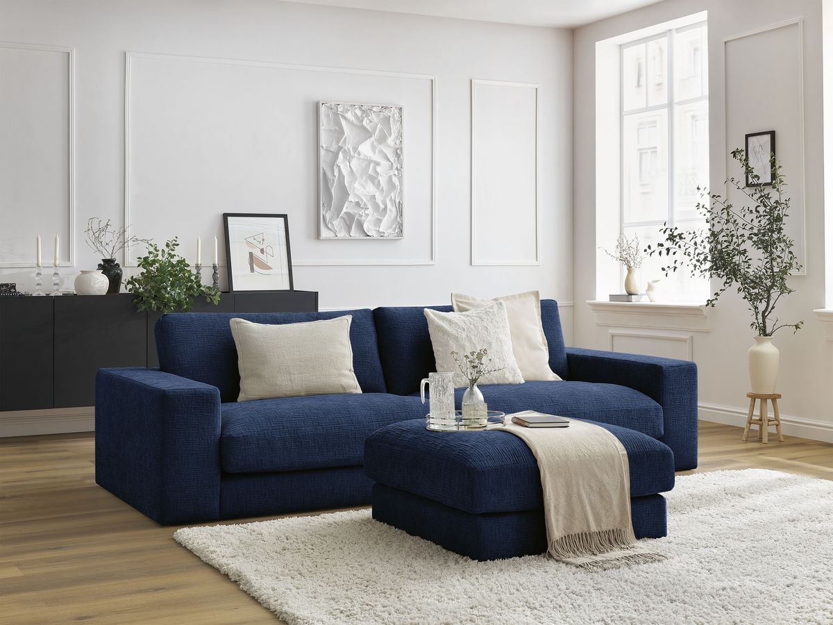 Canapé droit fixe 3 places compact LEONARD tissu texturé avec pouf