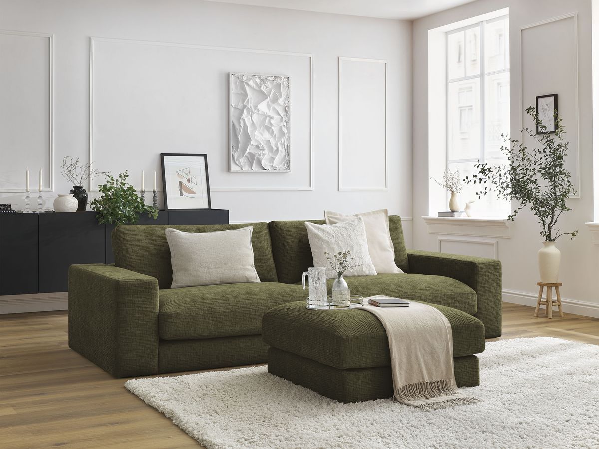 Canapé droit fixe 3 places compact LEONARD tissu texturé avec pouf