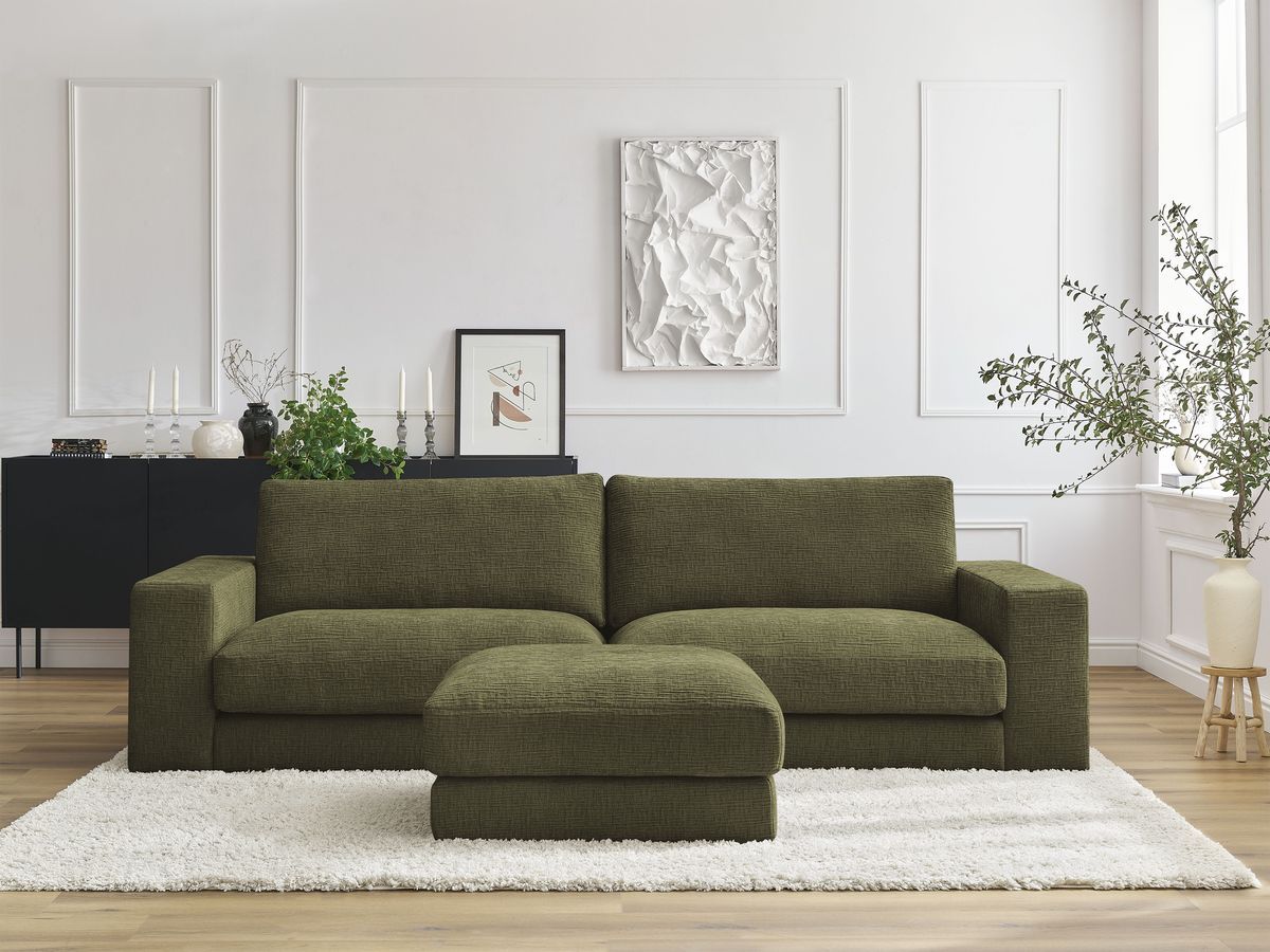 Canapé droit fixe 3 places compact LEONARD tissu texturé avec pouf