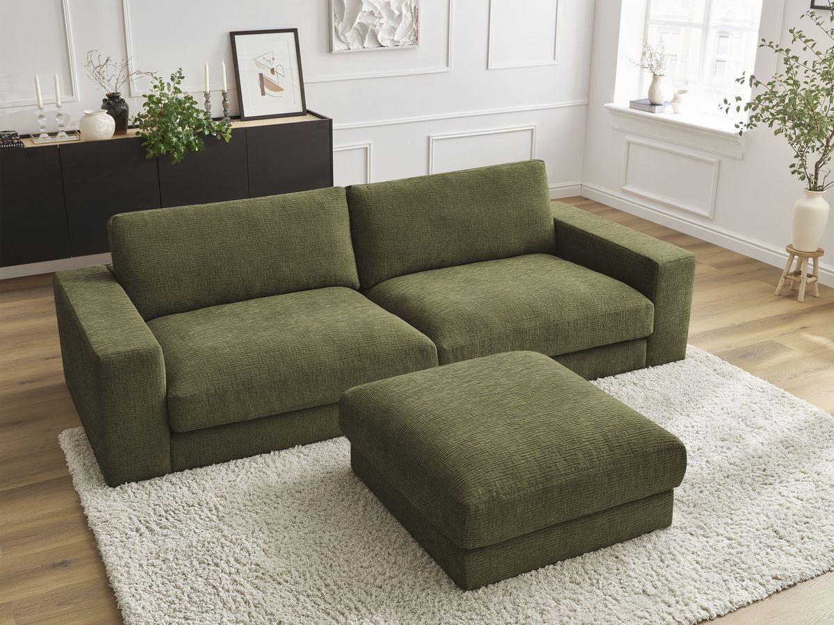Canapé droit fixe 3 places compact LEONARD tissu texturé avec pouf