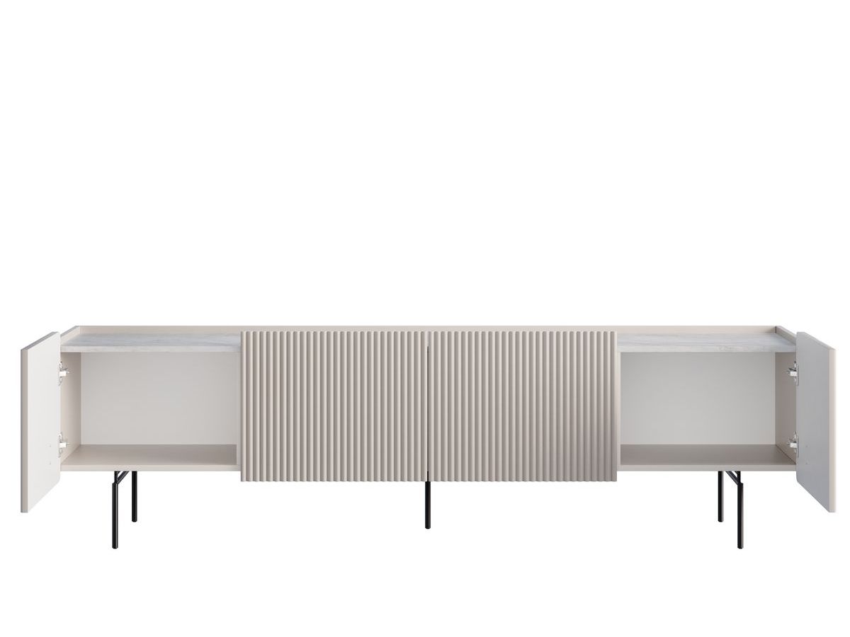 Meuble TV 2 portes 2 tiroirs 200 cm MATHILDE plateau effet marbre et pieds noirs