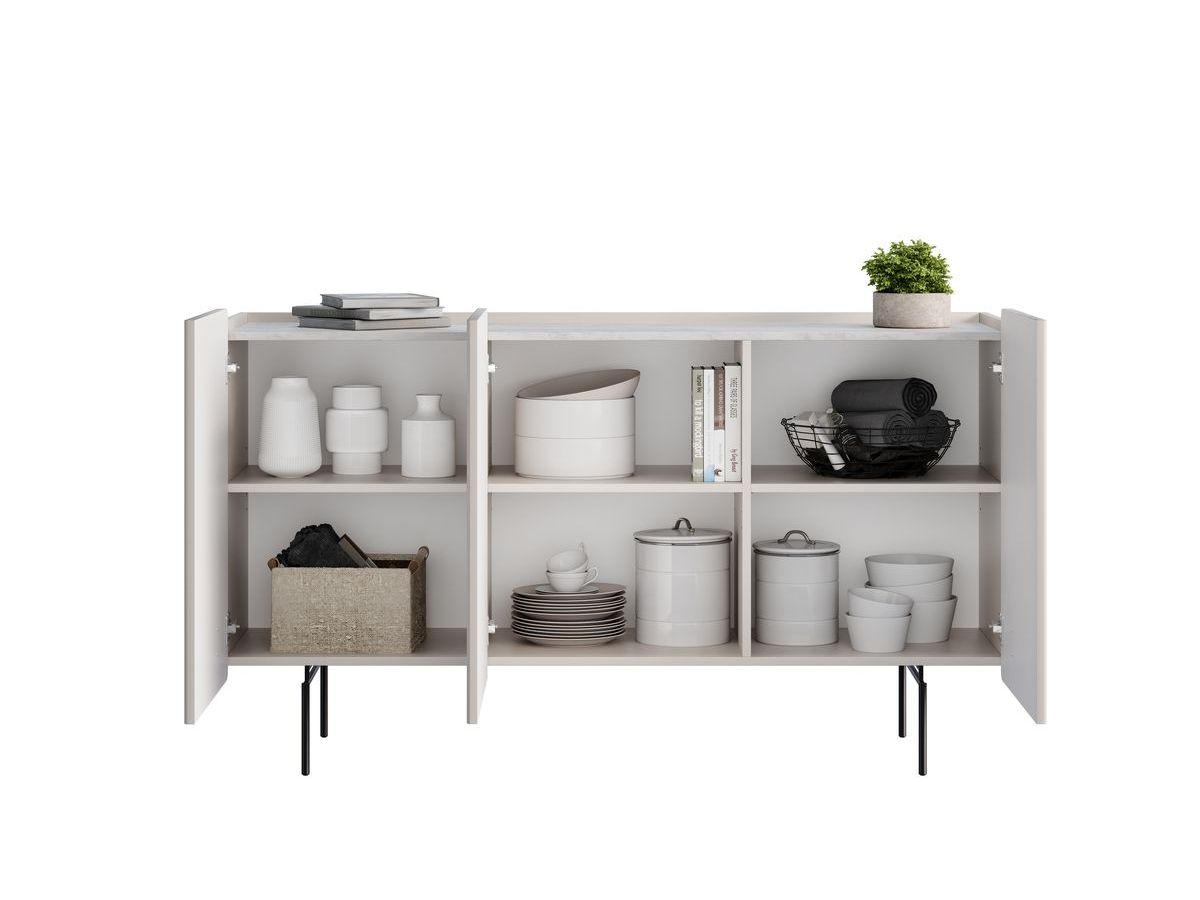 MATHILDE 3-deurs dressoir 150 cm met marmerlook bovenblad en zwarte poten