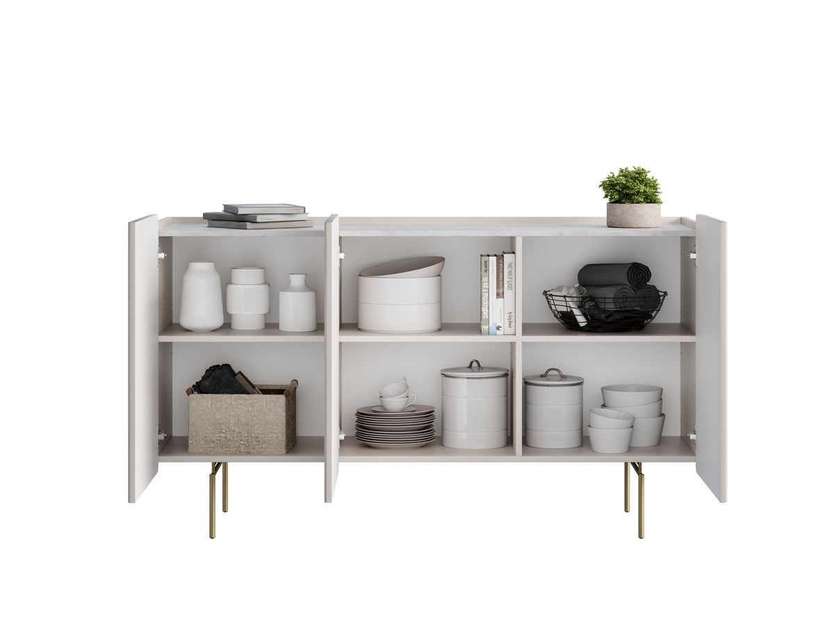 MATHILDE 3-deurs dressoir 150 cm met marmerlook bovenblad en gouden poten