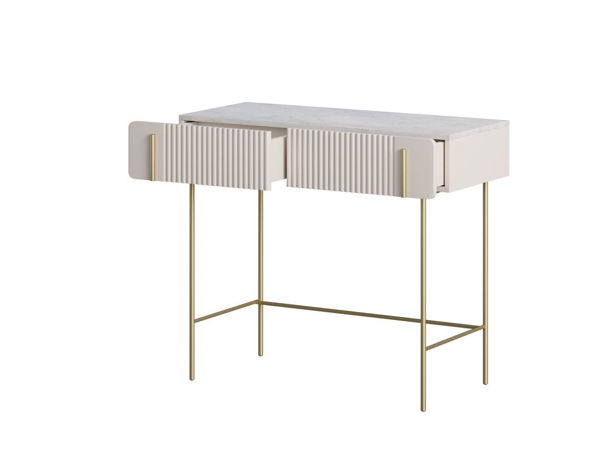 MATHILDE 100 cm consoletafel met 2 laden, marmerlook blad en gouden poten