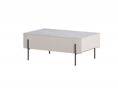Table basse 2 tiroirs 100 cm MATHILDE plateau effet marbre et pieds noirs