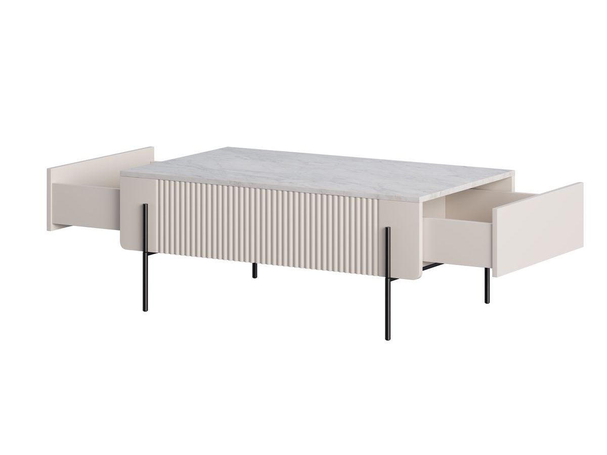 Table basse 2 tiroirs 100 cm MATHILDE plateau effet marbre et pieds noirs beige — vue 6