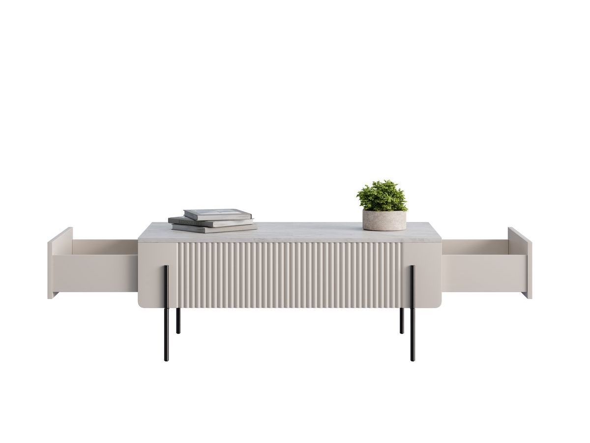 MATHILDE 100 cm salontafel met 2 laden, marmerlook blad en zwarte poten