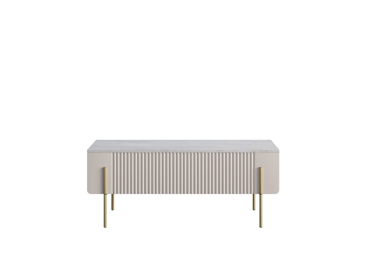 Table basse 2 tiroirs 100 cm MATHILDE plateau effet marbre et pieds or beige — vue 4