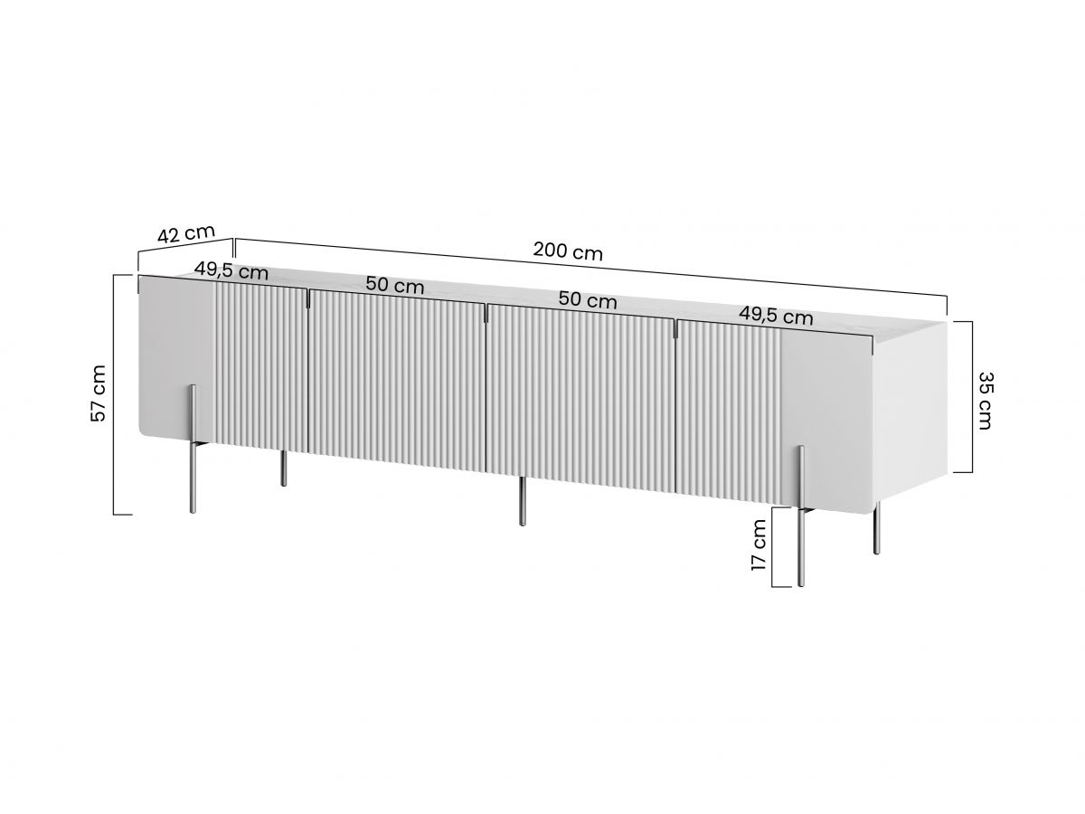 Meuble TV 2 portes 2 tiroirs 200 cm MATHILDE plateau effet marbre et pieds noirs