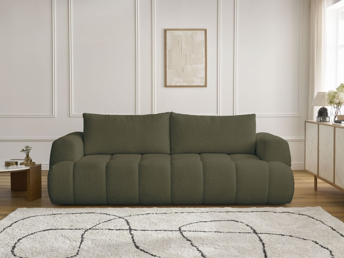 Canapé droit convertible 3 places FUJI tissu bouclette vert   BOBOCHIC - Vue supplémentaire 2