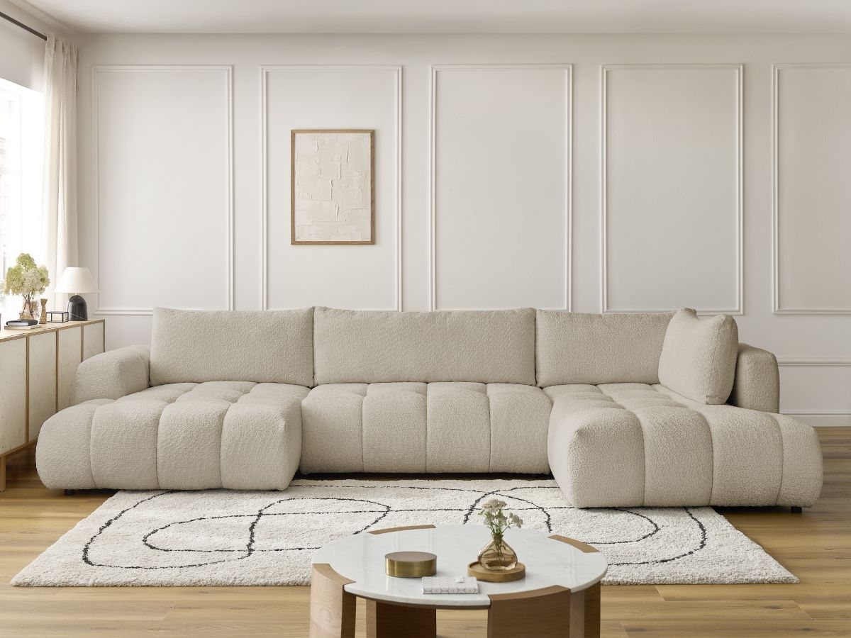 Canapé d'angle panoramique convertible FUJI tissu bouclette beige angle gauche BOBOCHIC 5 places - Vue supplémentaire 3