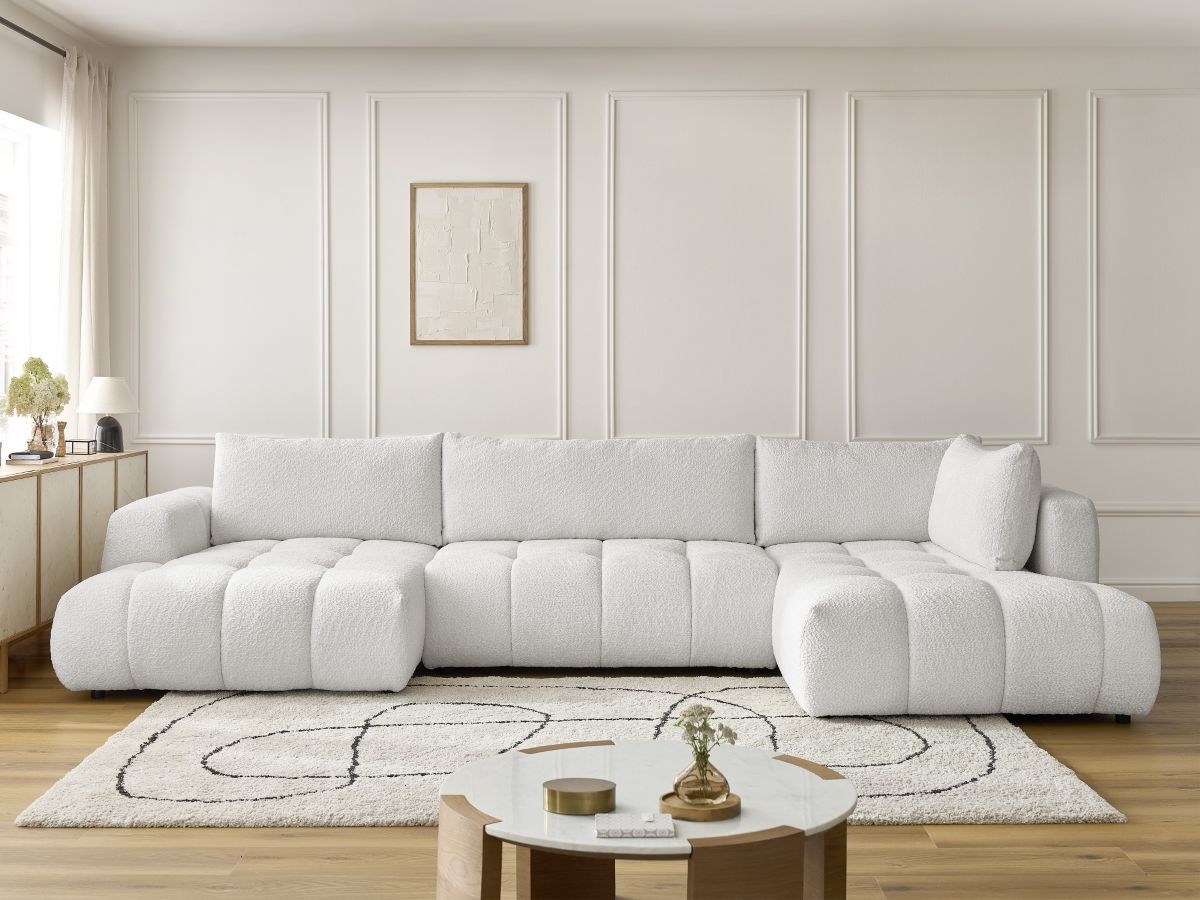 Canapé d'angle panoramique convertible FUJI tissu bouclette blanc angle gauche BOBOCHIC 5 places - Vue supplémentaire 3