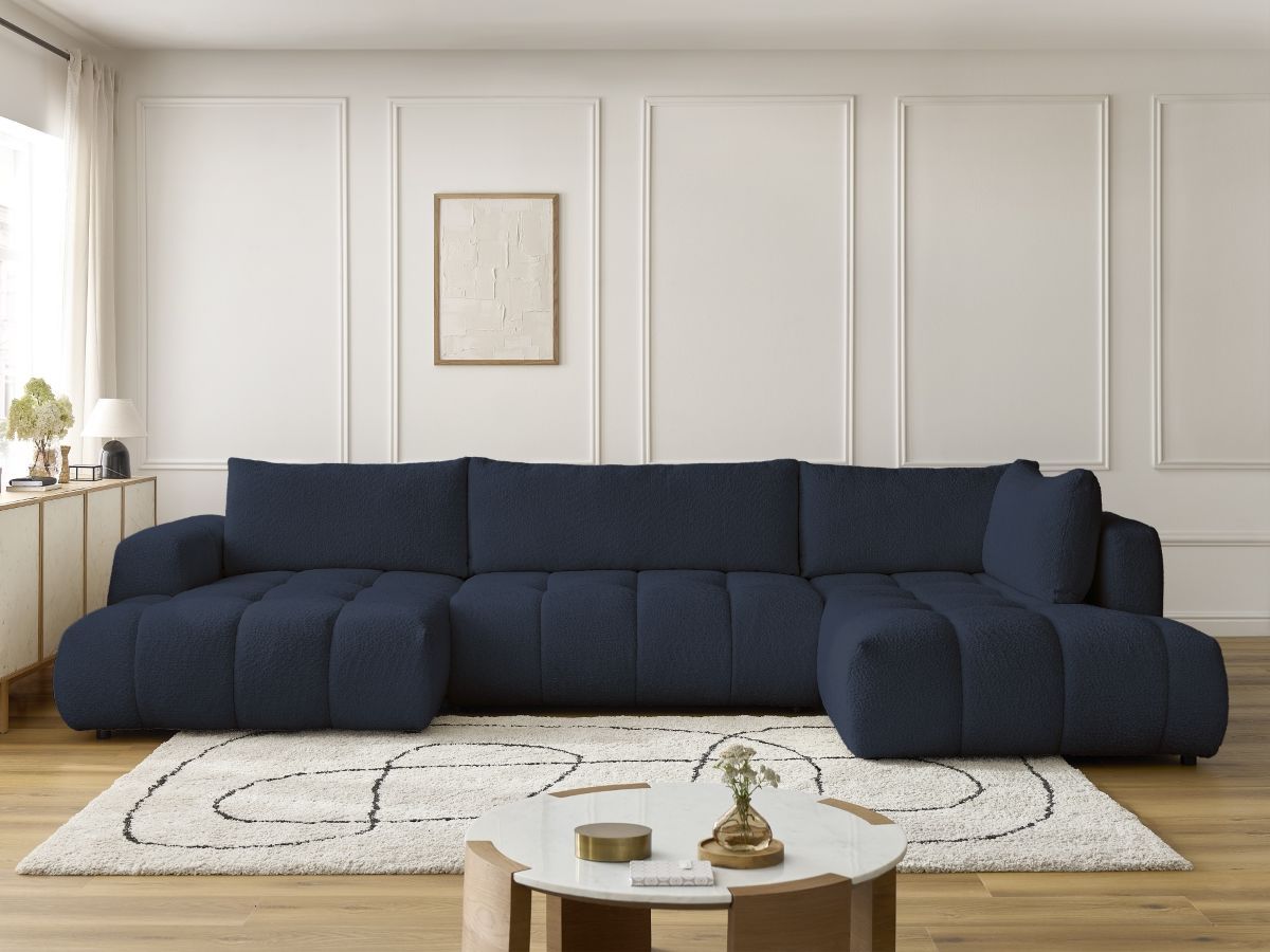 Canapé d'angle panoramique convertible FUJI tissu bouclette bleu foncé angle gauche BOBOCHIC 5 places - Vue supplémentaire 3