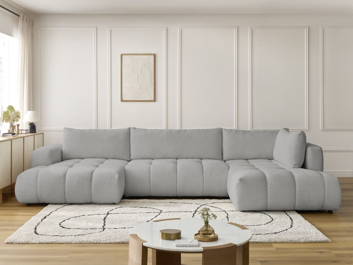 Canapé d'angle panoramique convertible FUJI tissu bouclette gris clair angle gauche BOBOCHIC 5 places - Vue supplémentaire 3