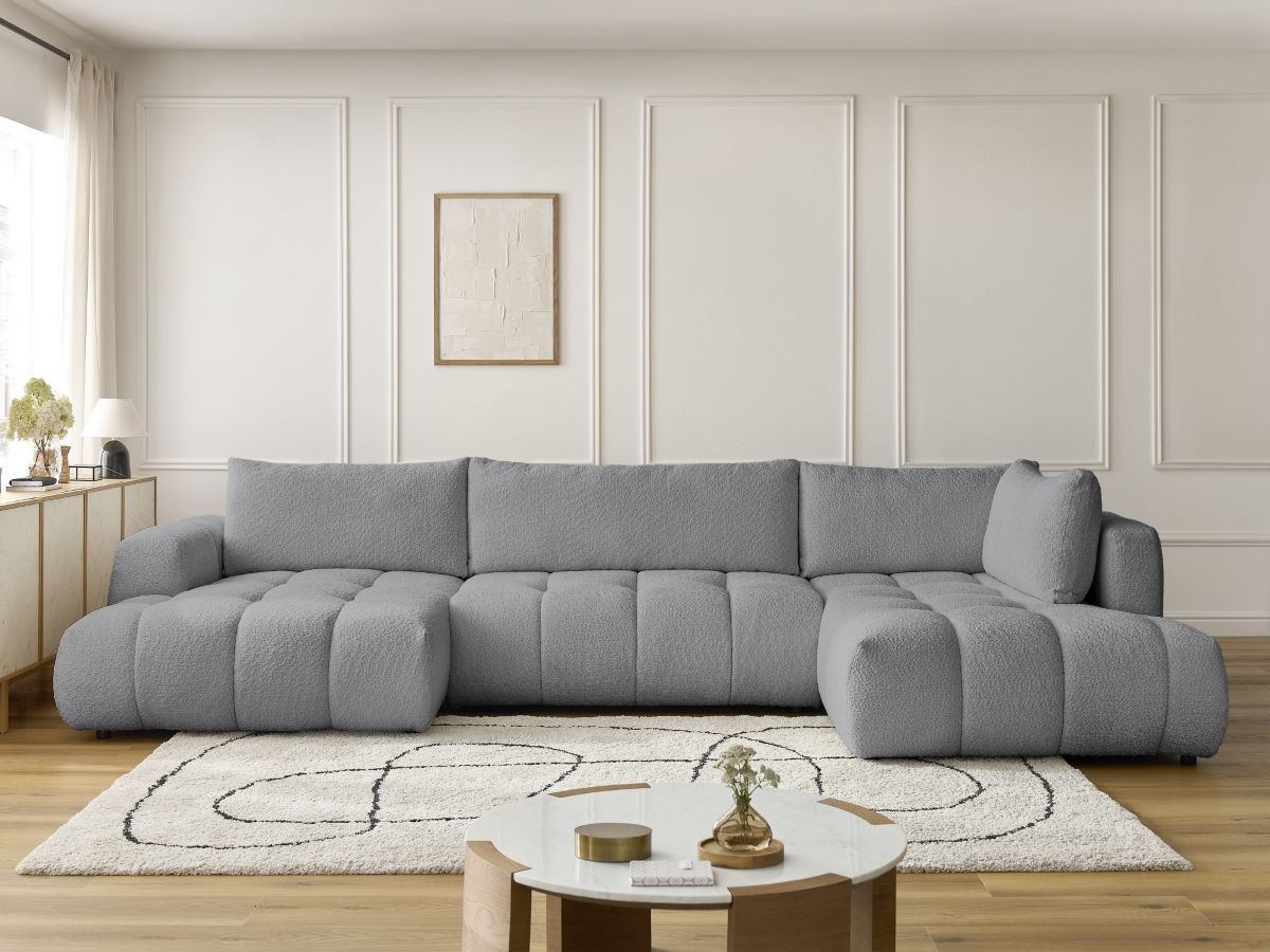 Canapé d'angle panoramique convertible FUJI tissu bouclette gris foncé angle gauche BOBOCHIC 5 places - Vue supplémentaire 3