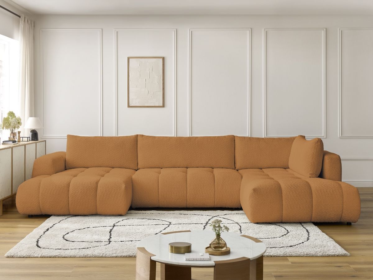Canapé d'angle panoramique convertible FUJI tissu bouclette jaune angle gauche BOBOCHIC 5 places - Vue supplémentaire 3