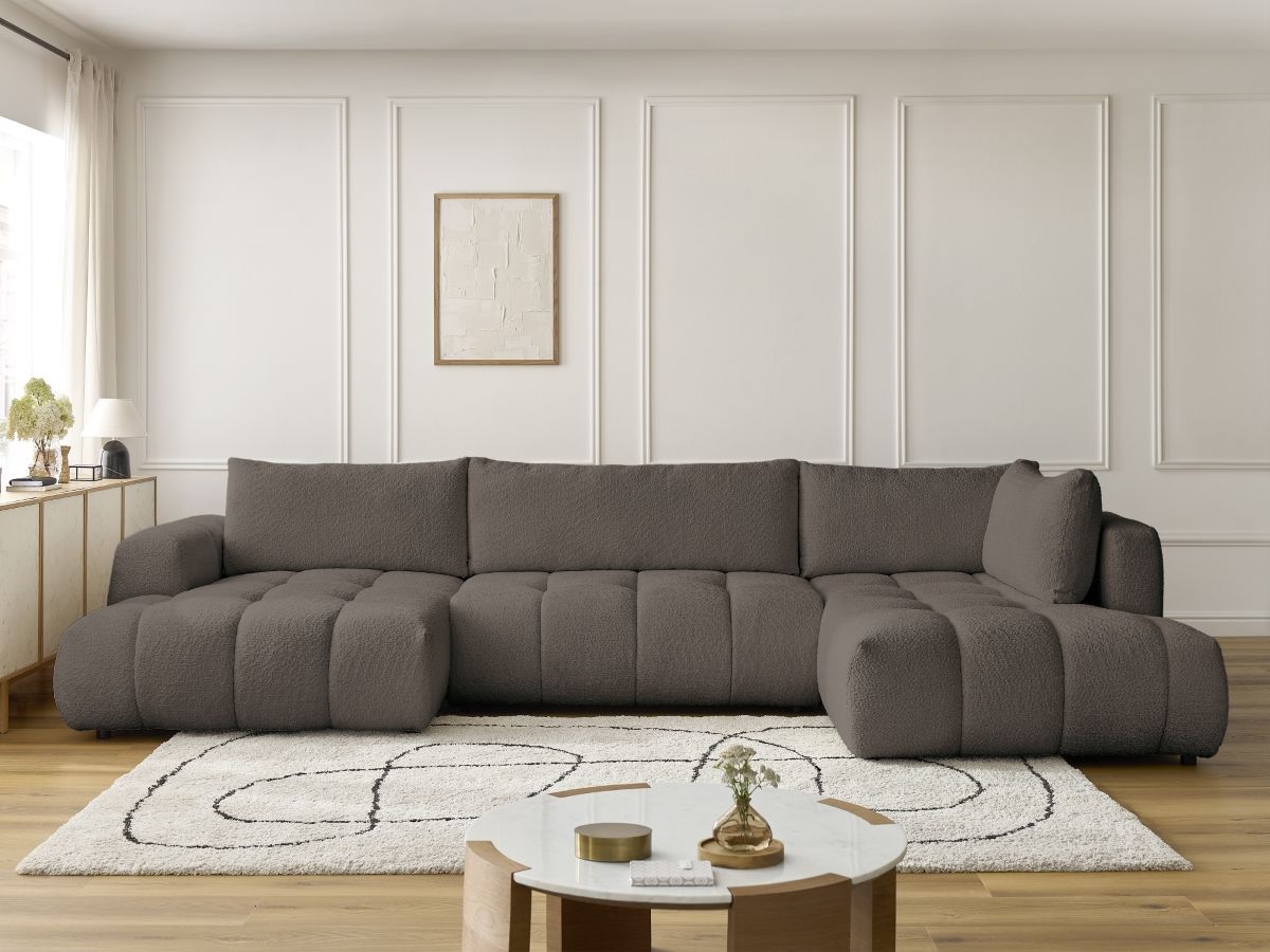 Canapé d'angle panoramique convertible FUJI tissu bouclette marron angle gauche BOBOCHIC 5 places - Vue supplémentaire 3