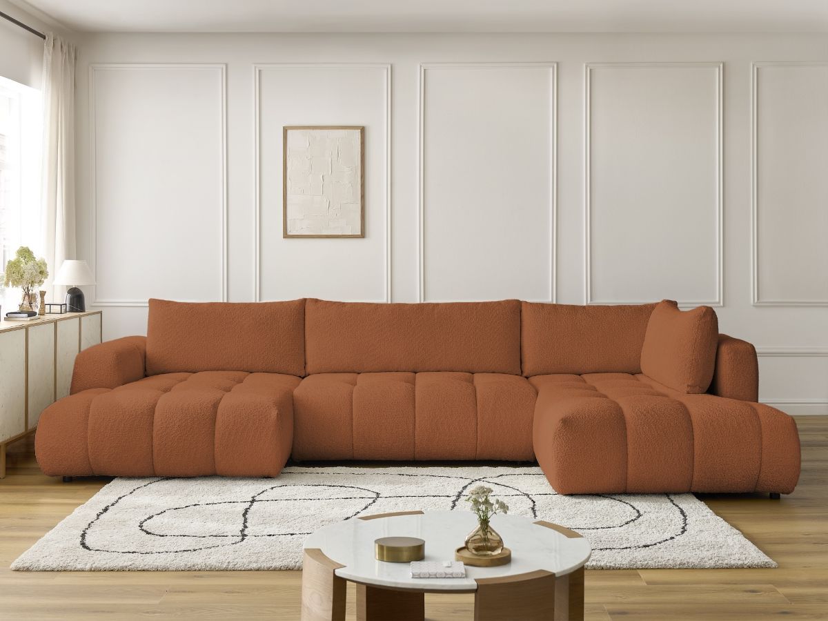 Canapé d'angle panoramique convertible FUJI tissu bouclette orange angle gauche BOBOCHIC 5 places - Vue supplémentaire 3