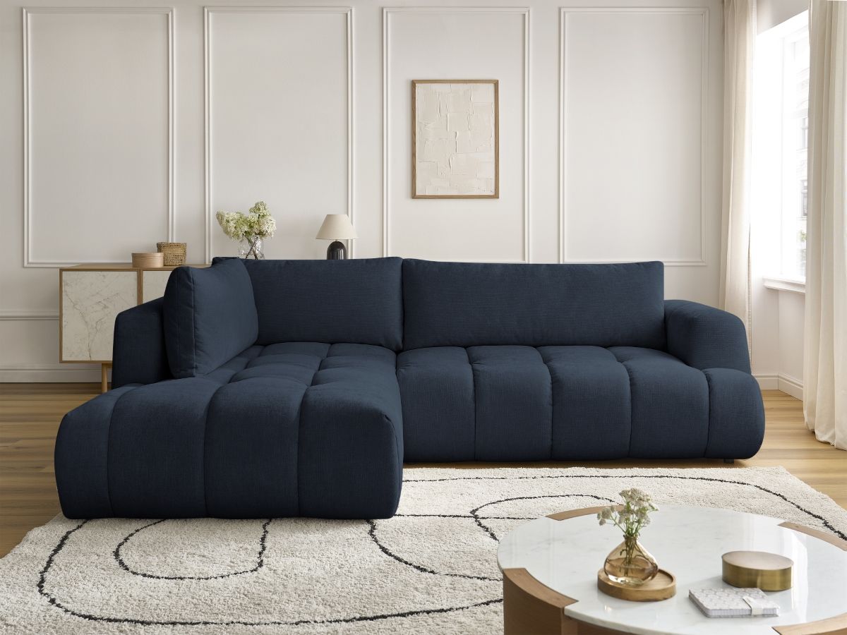 Canapé d'angle L convertible FUJI tissu lisse bleu foncé angle gauche BOBOCHIC 4 places - Vue supplémentaire 2