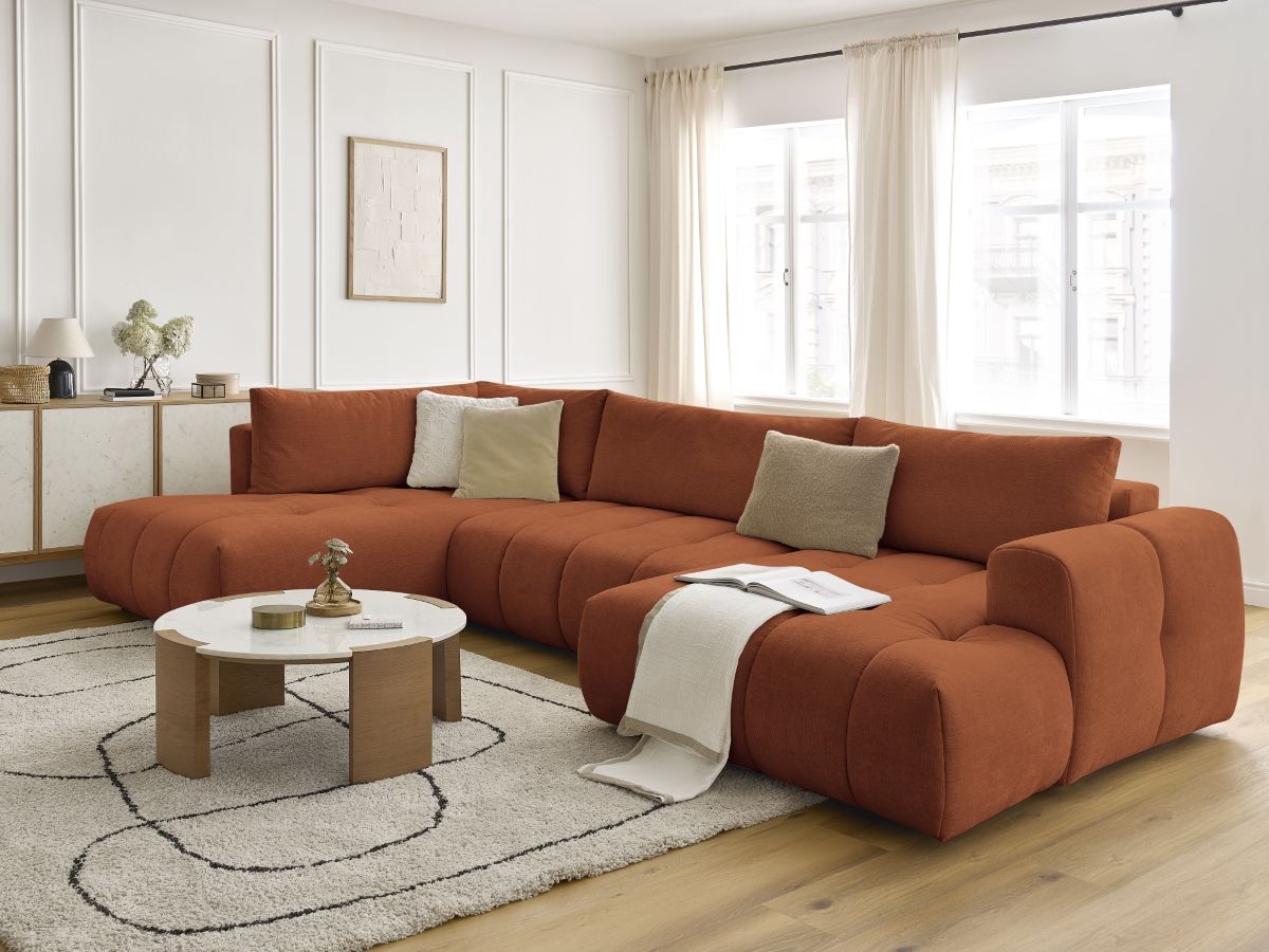 Canapé d'angle panoramique convertible FUJI tissu lisse orange  angle droit BOBOCHIC 5 places