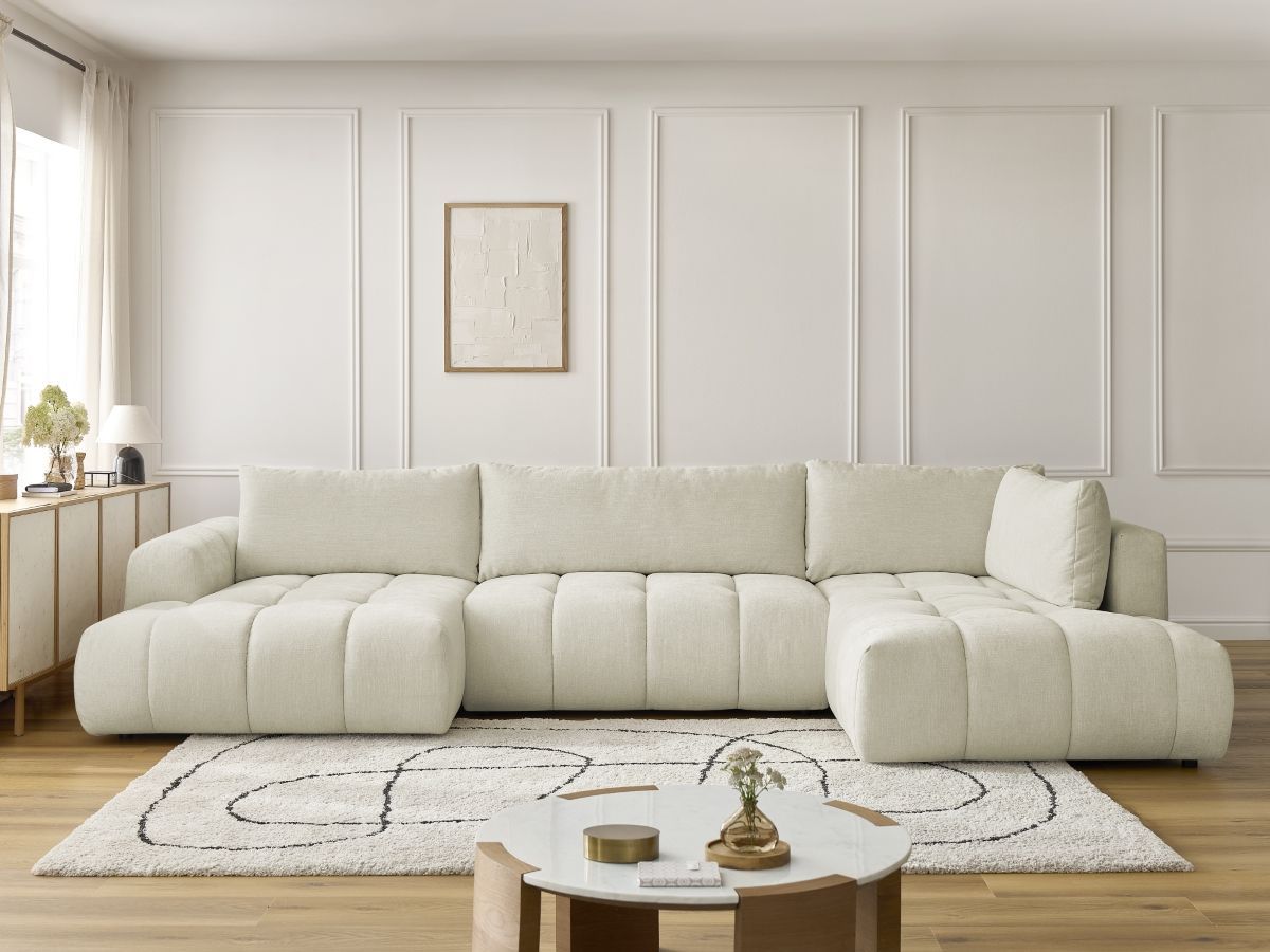 Canapé d'angle panoramique convertible FUJI tissu lisse beige angle gauche BOBOCHIC 5 places - Vue supplémentaire 3