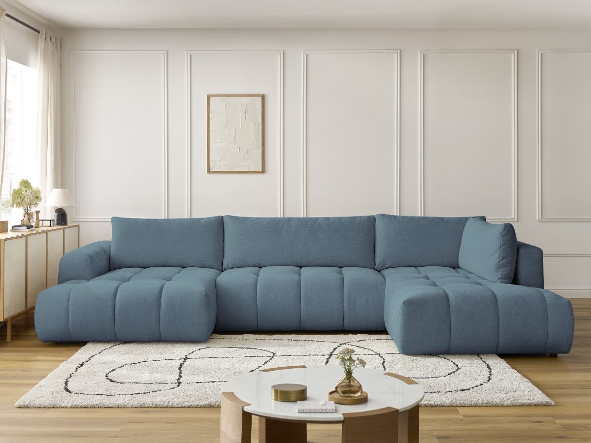 Canapé d'angle panoramique convertible FUJI tissu lisse bleu clair angle gauche BOBOCHIC 5 places - Vue supplémentaire 3