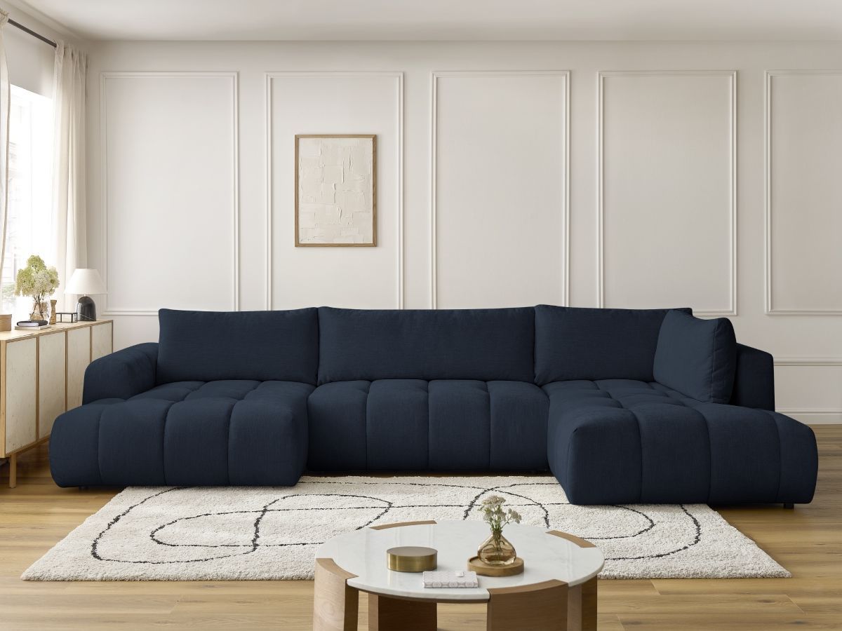 Canapé d'angle panoramique convertible FUJI tissu lisse bleu foncé angle gauche BOBOCHIC 5 places - Vue supplémentaire 3