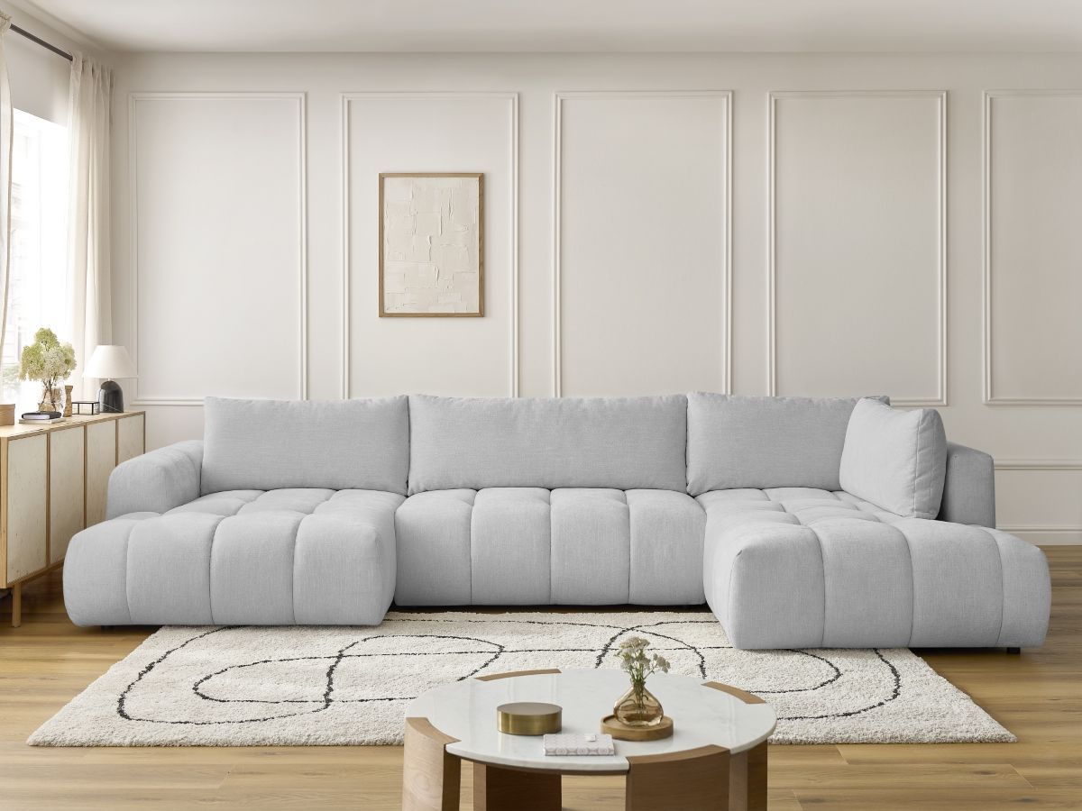 Canapé d'angle panoramique convertible FUJI tissu lisse gris clair angle gauche BOBOCHIC 5 places - Vue supplémentaire 3