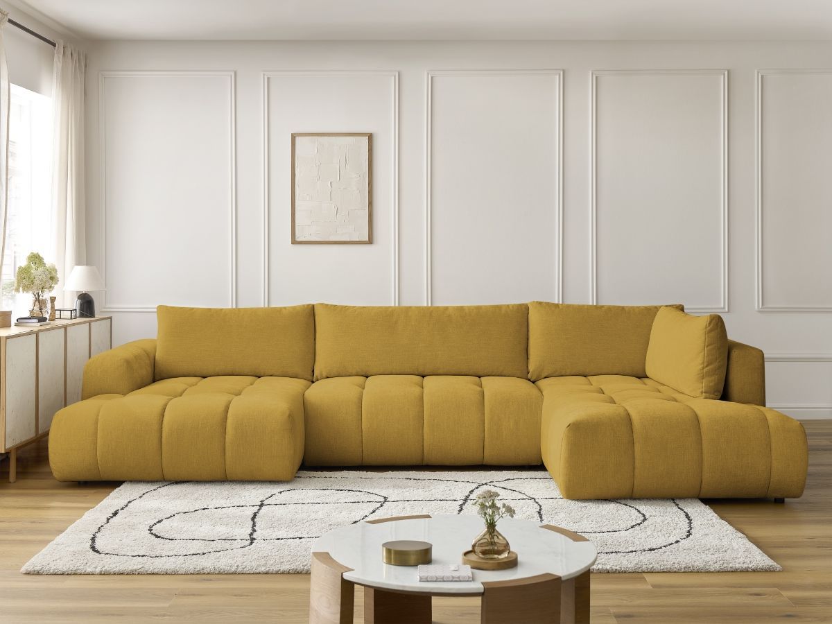 Canapé d'angle panoramique convertible FUJI tissu lisse jaune angle gauche BOBOCHIC 5 places - Vue supplémentaire 3