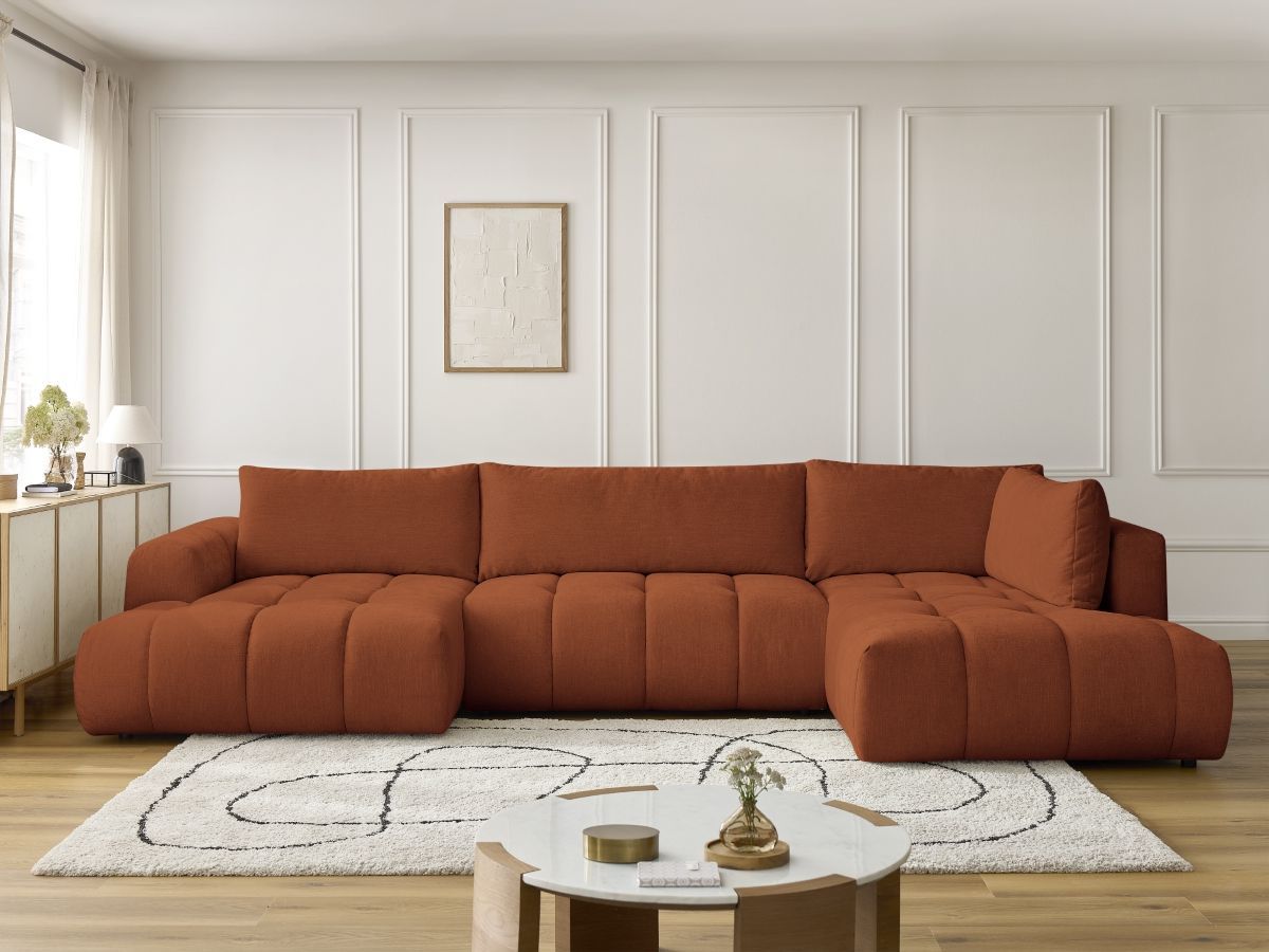 Canapé d'angle panoramique convertible FUJI tissu lisse orange angle gauche BOBOCHIC 5 places - Vue supplémentaire 3