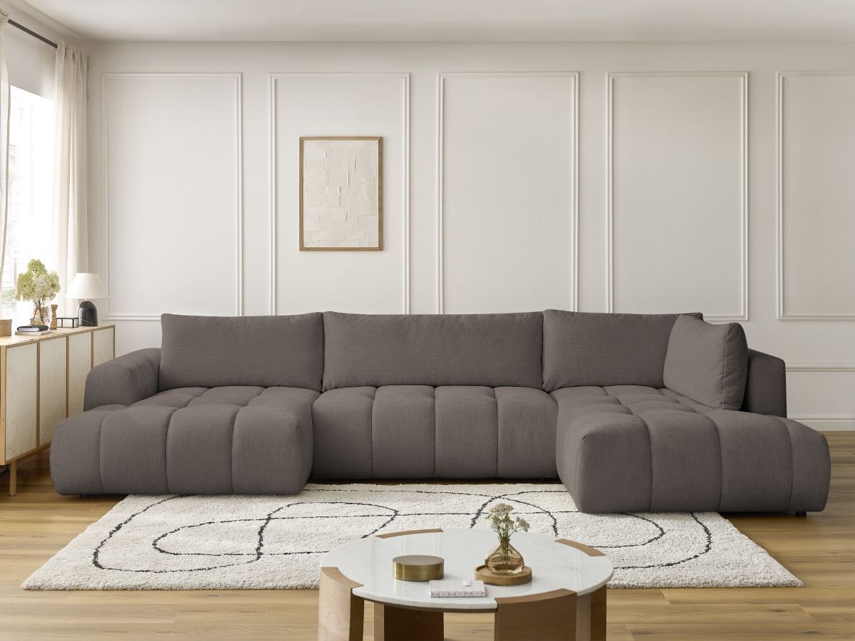 Canapé d'angle panoramique convertible FUJI tissu lisse taupe angle gauche BOBOCHIC 5 places - Vue supplémentaire 3