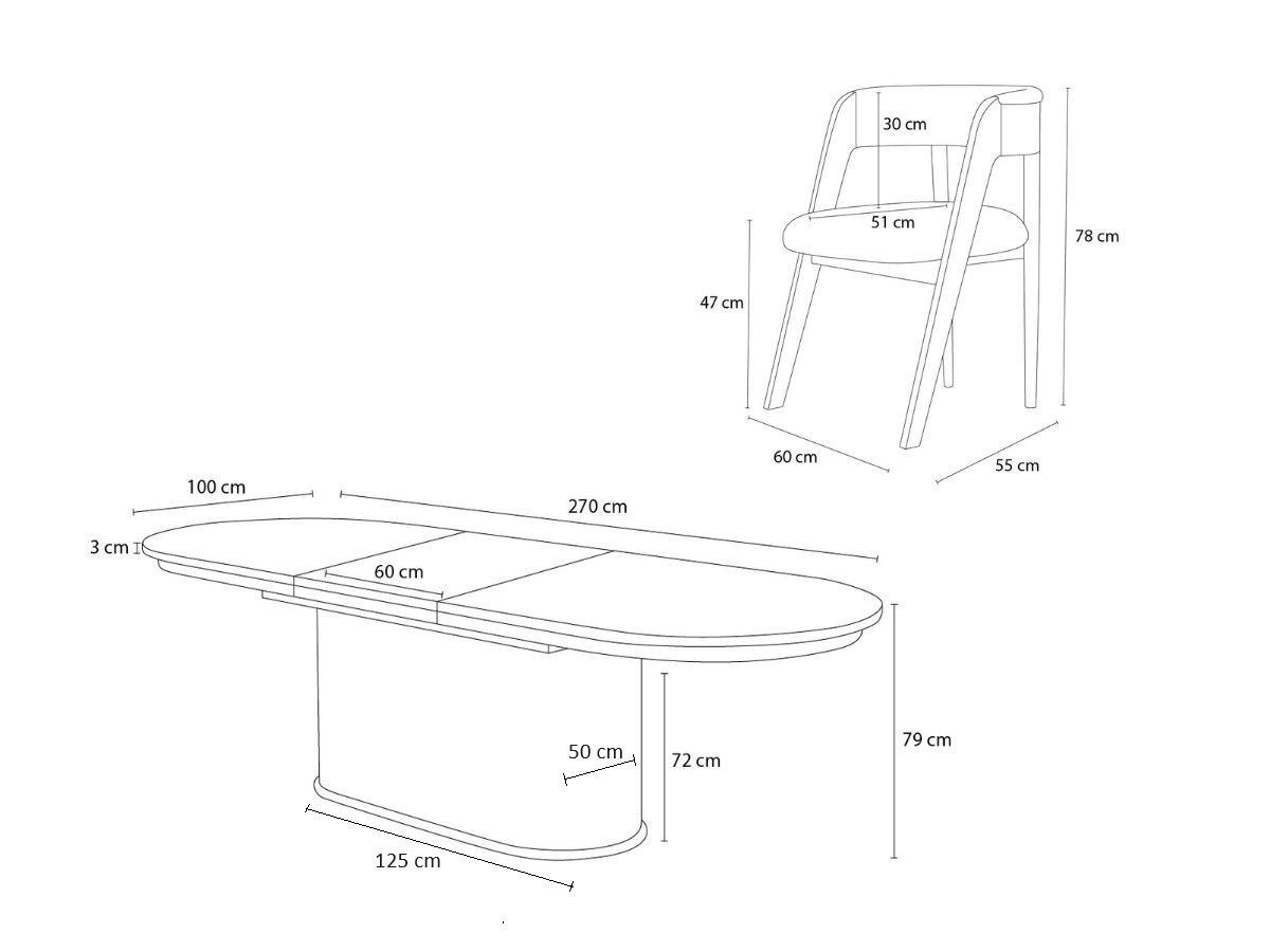 MALMOUSQUE set met uitschuifbare eettafel 210 tot 270 cm + 6 BASTIDE stoelen in massief eiken fineer
